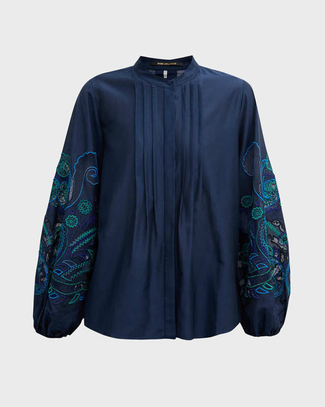 Reese Pintuck Floral-Embroidered Silk Blous
